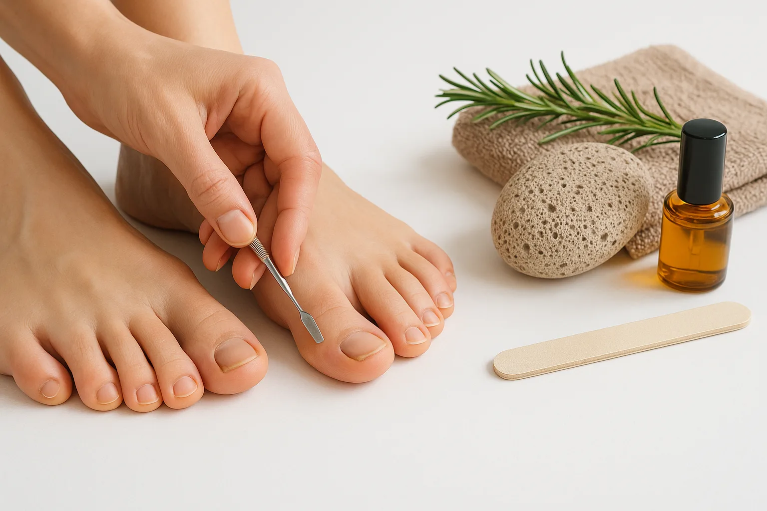 toenail fungus natural remedies - person applying natural oil treatment to healthy toenails