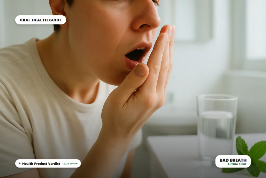 How to get rid of bad breath naturally - person checking their breath in a bright bathroom
