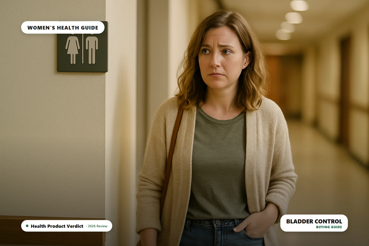 bladder control problems - woman near a restroom sign in a hallway