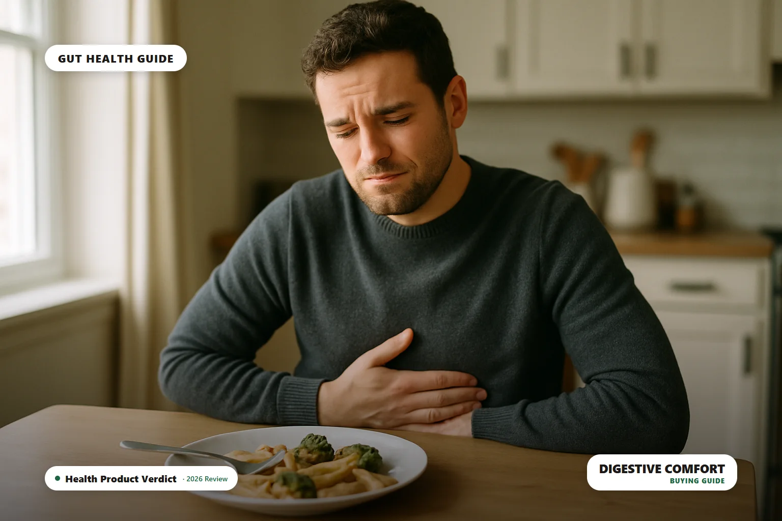 bloating after meals - man holding stomach at kitchen table after eating