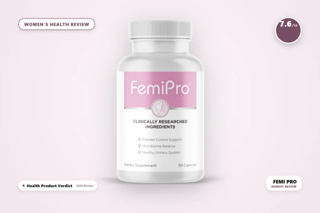 Femi Pro review - Femi Pro bladder support supplement bottle on pink background