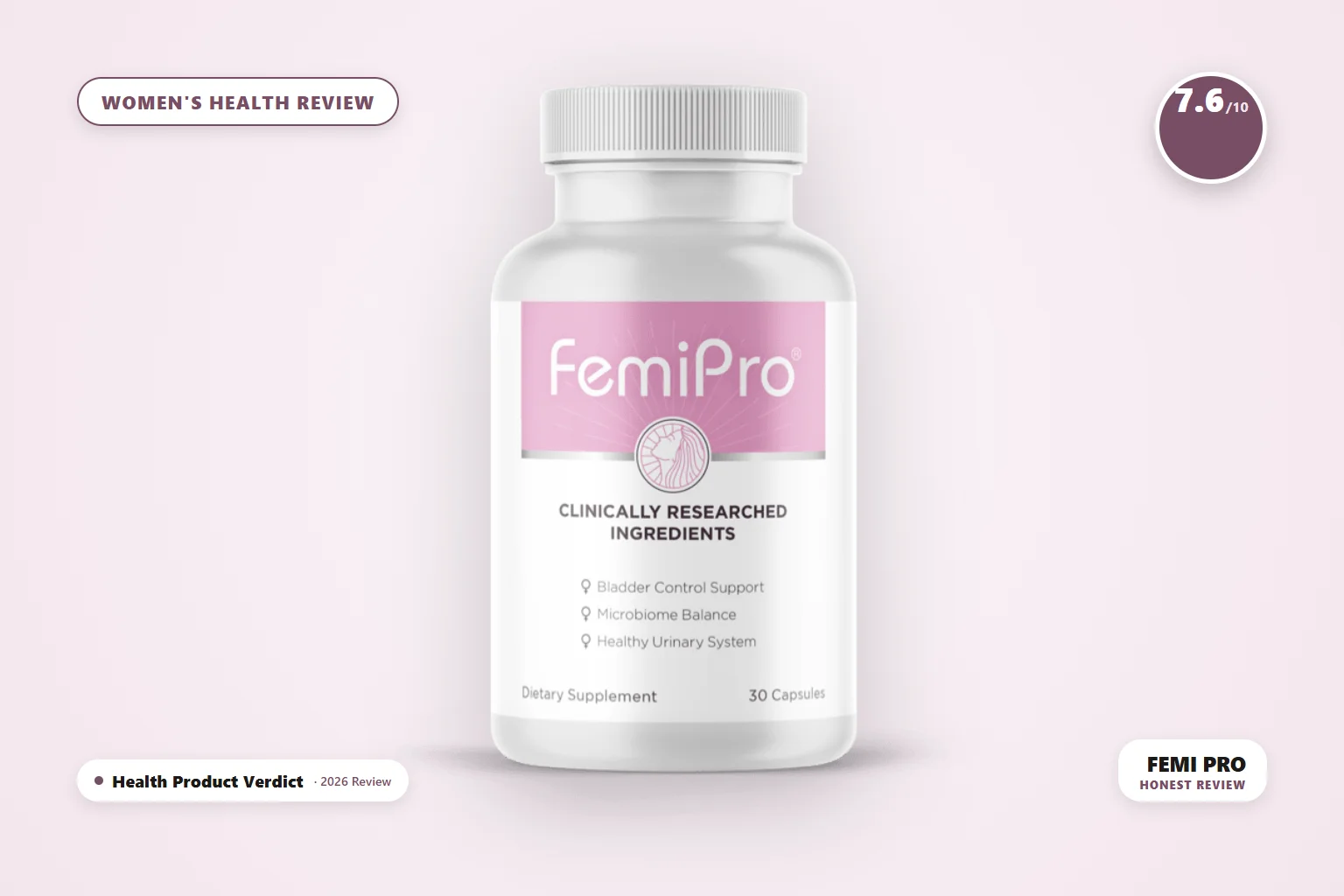 Femi Pro review - Femi Pro bladder support supplement bottle on pink background