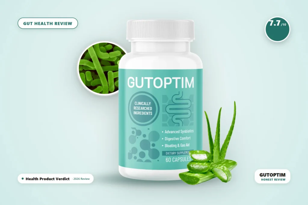 gutoptim review - GutOptim - gut health capsule supplement bottle with aloe vera and probiotics