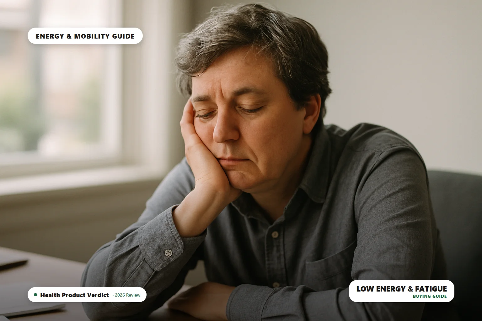 low energy and fatigue - tired person resting head on hand at a desk