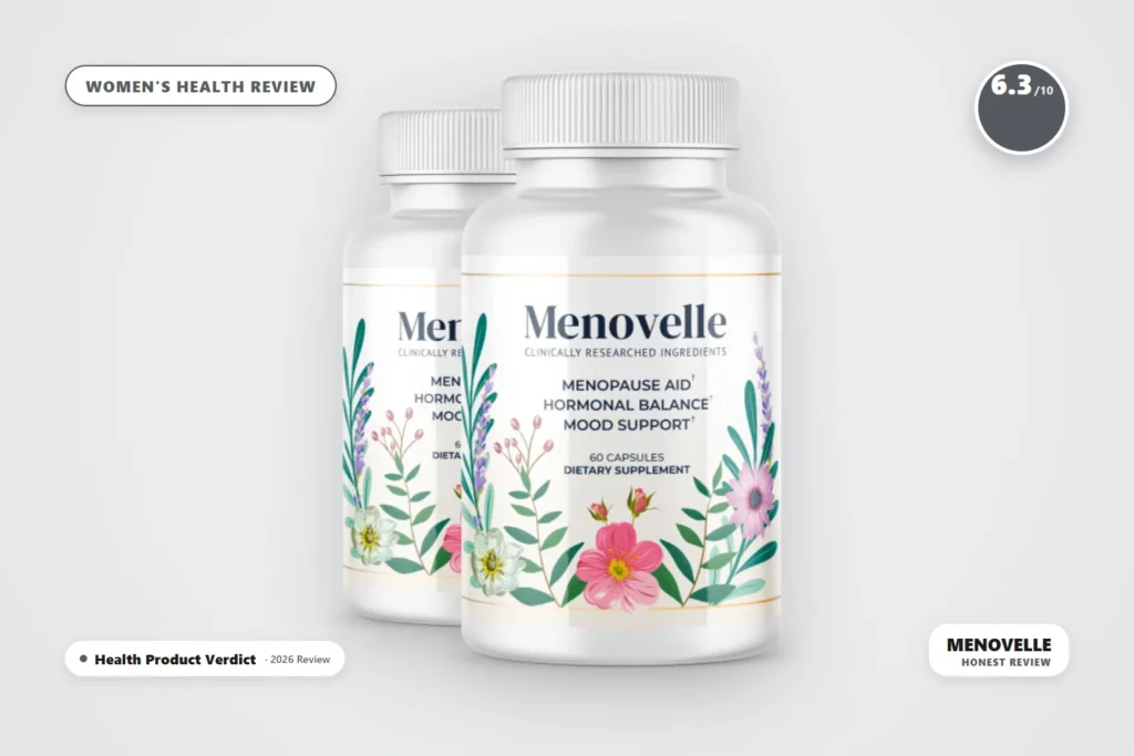 Menovelle mushroom-based capsule bottle for menopause support
