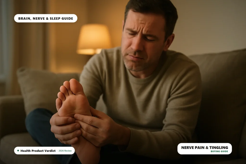 nerve pain tingling numbness - person massaging their foot on a couch