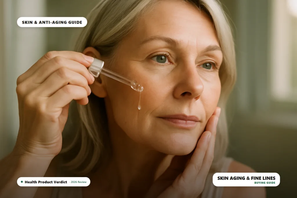 fine lines and dark spots - woman applying serum to her face
