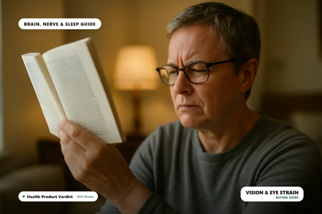 vision changes and eye strain - person squinting while reading a book