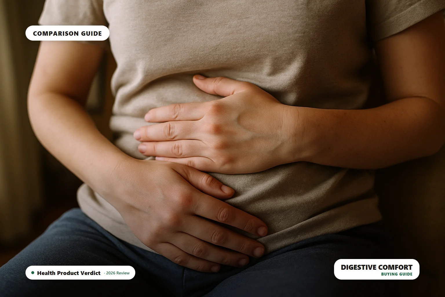 digestive comfort supplements - person holding stomach, comparison guide