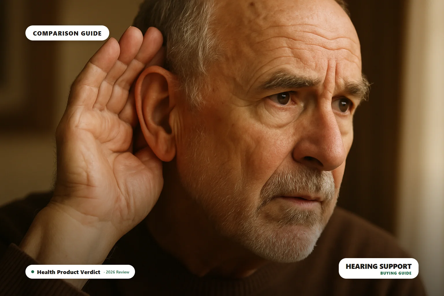 hearing support supplements - person cupping hand to ear, comparison guide