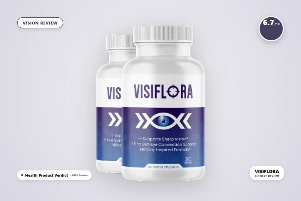 VisiFlora review - two bottles of VisiFlora vision support capsules with 6.7/10 score