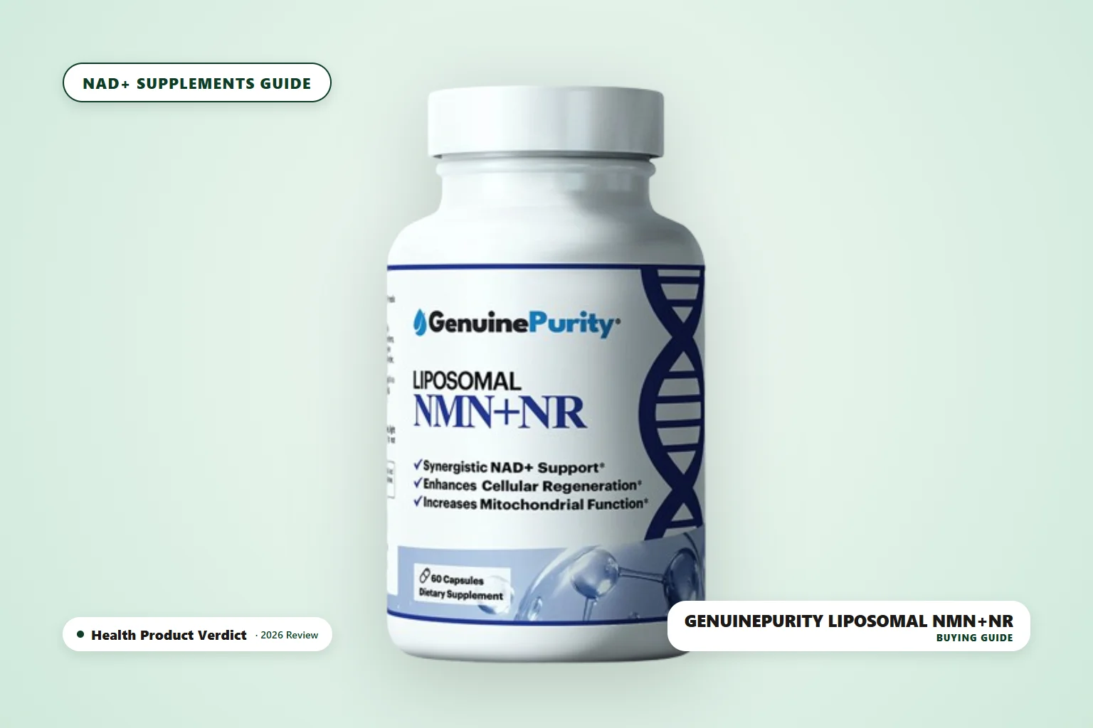 NAD+ supplement guide featuring GenuinePurity Liposomal NMN+NR bottle