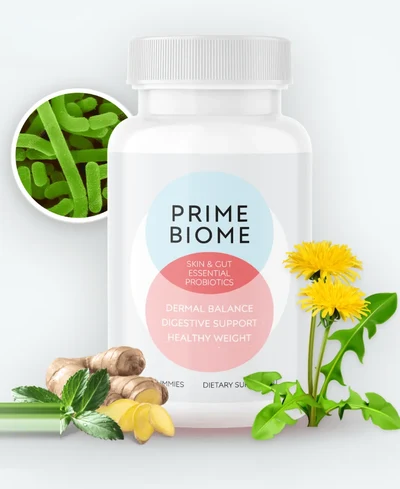 PrimeBiome skin and gut probiotic gummy bottle