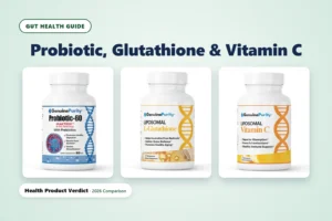 GenuinePurity Probiotic-60, Liposomal L-Glutathione and Liposomal Vitamin C bottles, best probiotic and gut health supplements guide